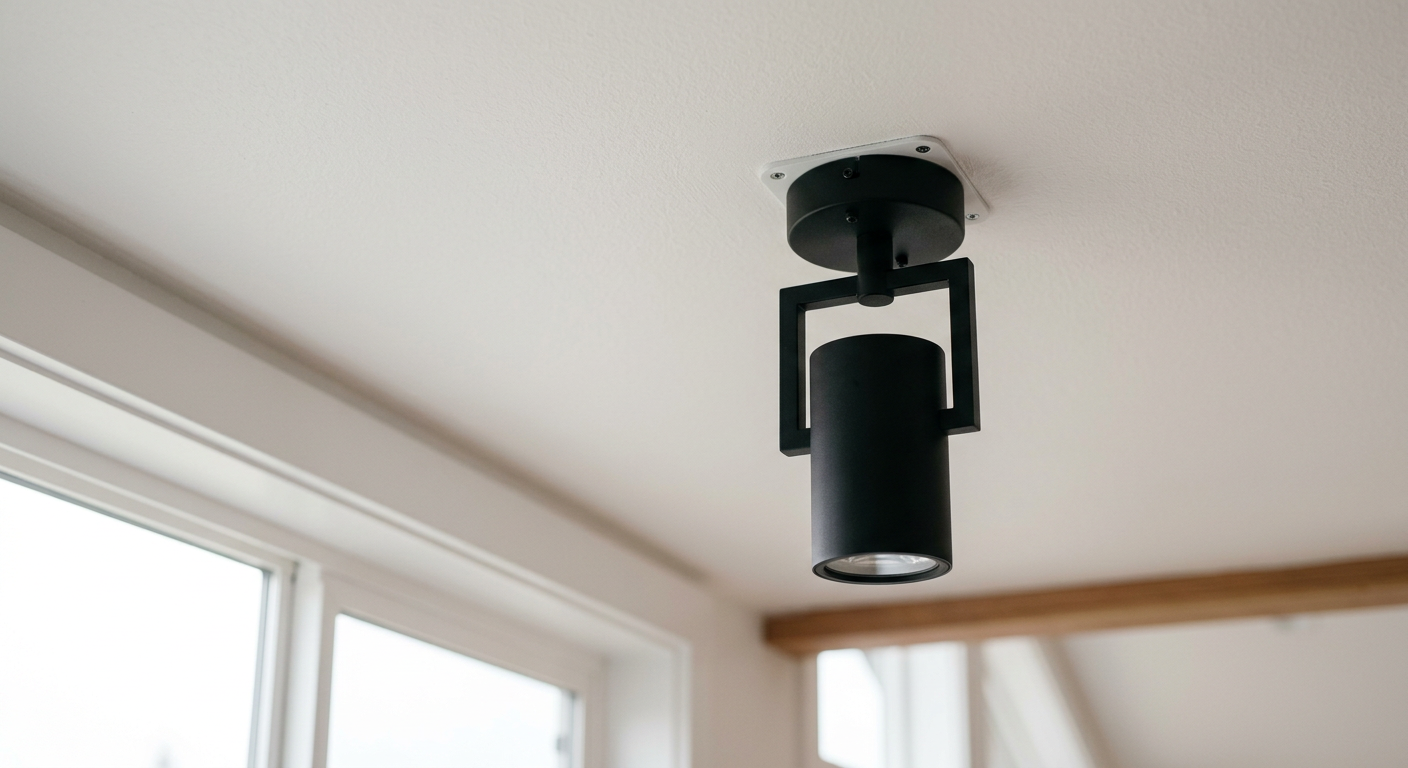 A new, modern matte black light fixture installed on the ceiling of a Northgate home.
