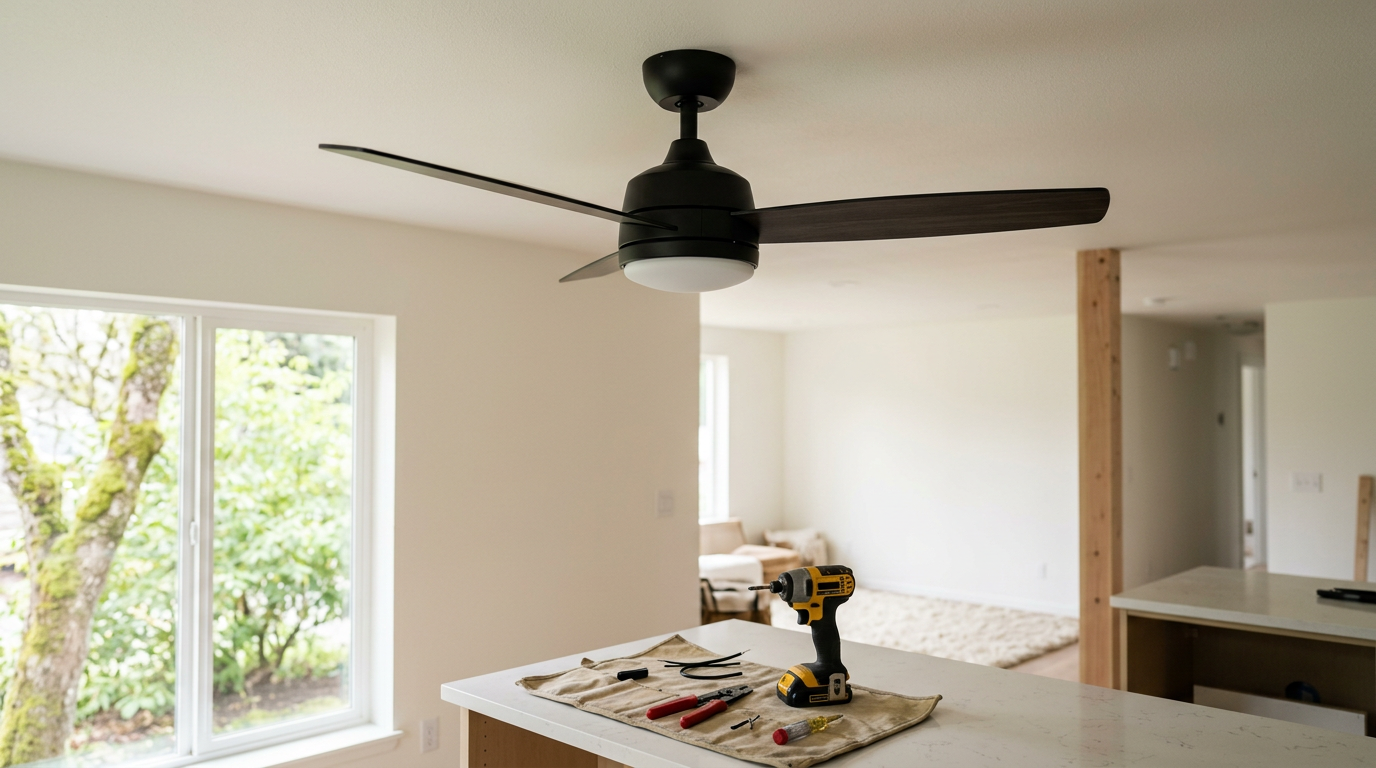 A newly installed modern ceiling fan and light fixture in a bright West Seattle living room.