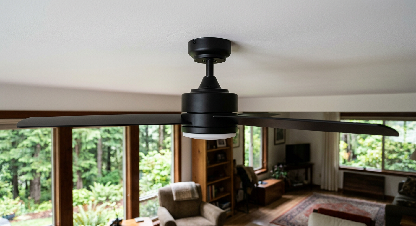 A new modern ceiling fan and light fixture installed in a West Seattle living room.