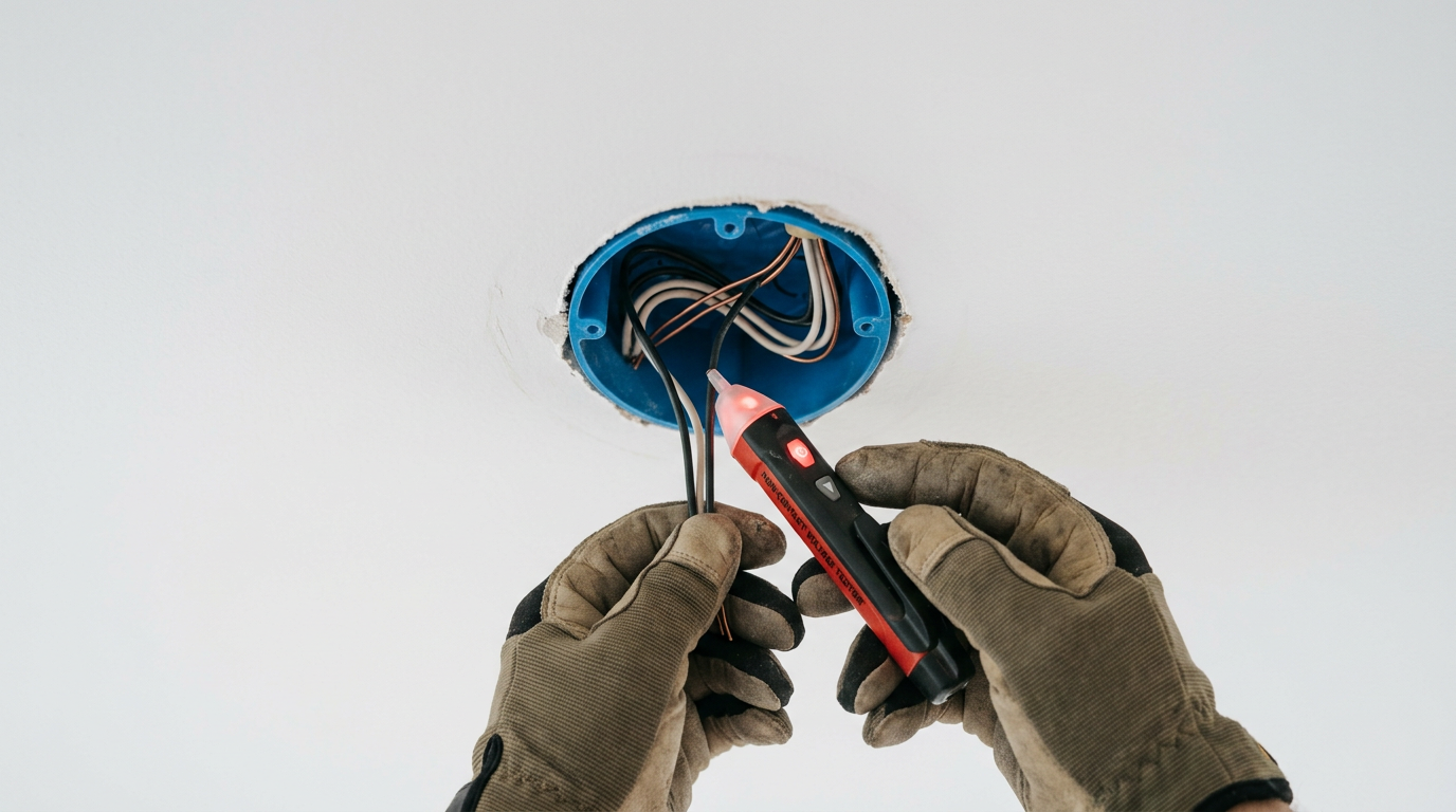 Using a voltage tester on a ceiling electrical box before a lighting fixture install in a West Seattle home.