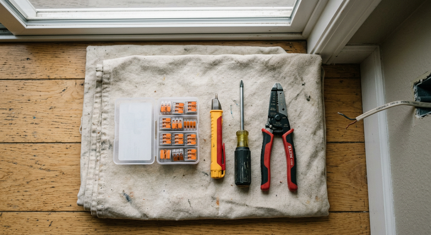Tools for a lighting fixture install, including a voltage tester and wire connectors, laid out on a drop cloth in a West Seattle home.