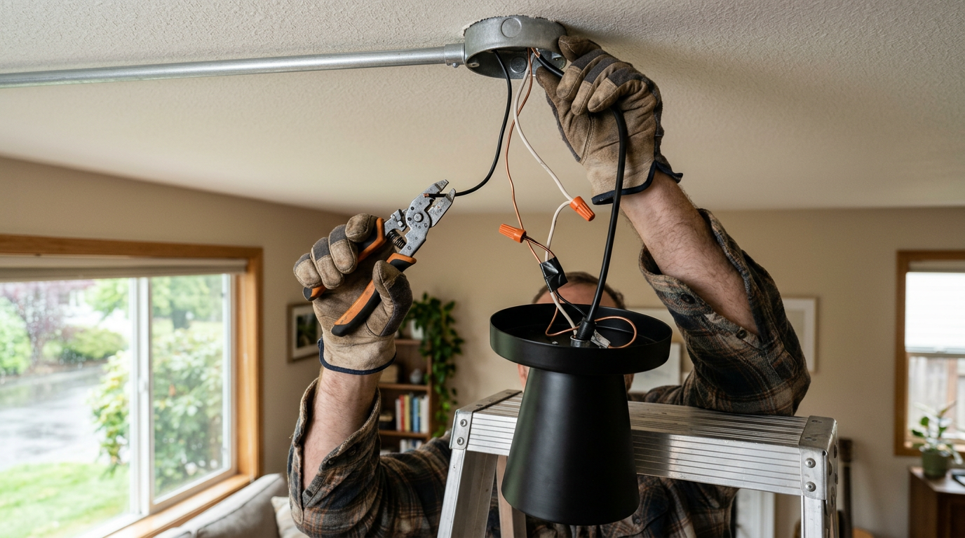 Close-up of a handyman installing a new lighting fixture in a West Seattle, WA home.