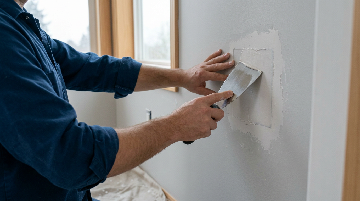 Close-up of a professional performing drywall repair on a wall in a Lynnwood home.