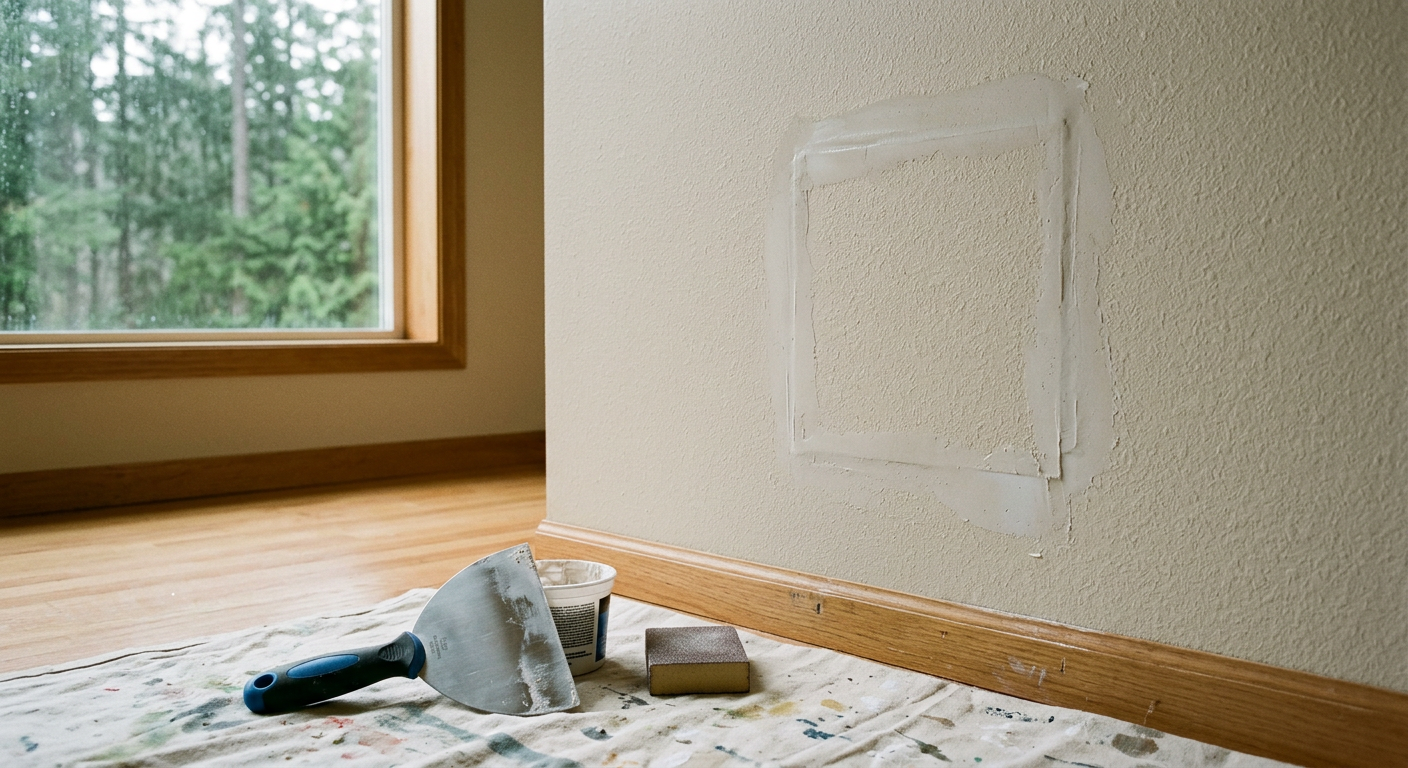 A perfectly repaired and texture-matched drywall patch on a wall in a Lynnwood, WA home.