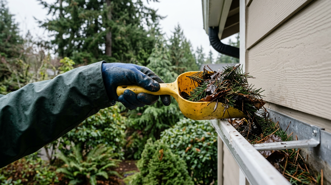 Gloved hand scooping fir needles during a gutter cleaning service in Lynnwood, WA.