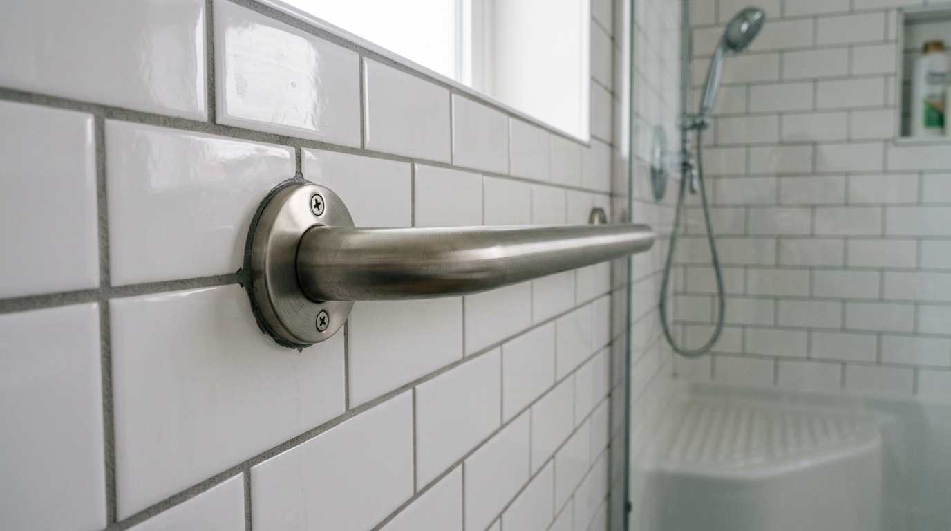 A securely installed brushed nickel grab bar in a modern tiled shower, part of an aging in place upgrade in a Magnolia home.