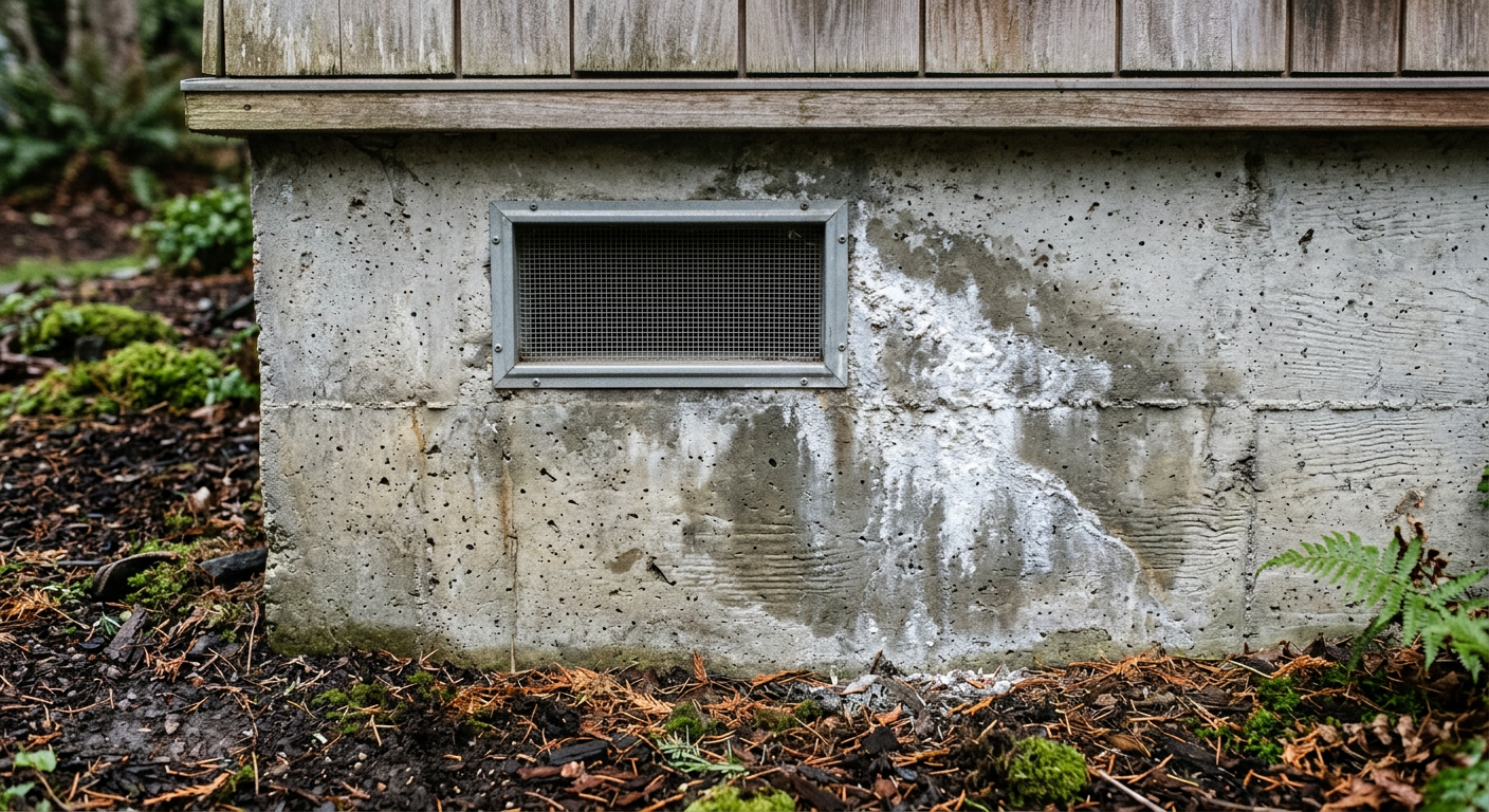 A crawlspace vent on the foundation of a Marysville home showing signs of moisture that would be found during a Home Health Assessment.