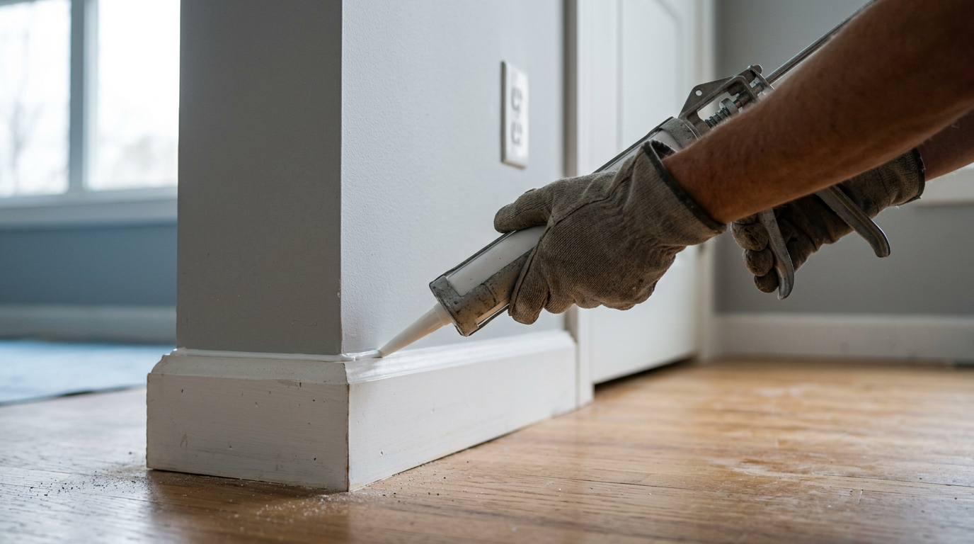 Close-up on new baseboard trim being professionally caulked in a Marysville, WA home.