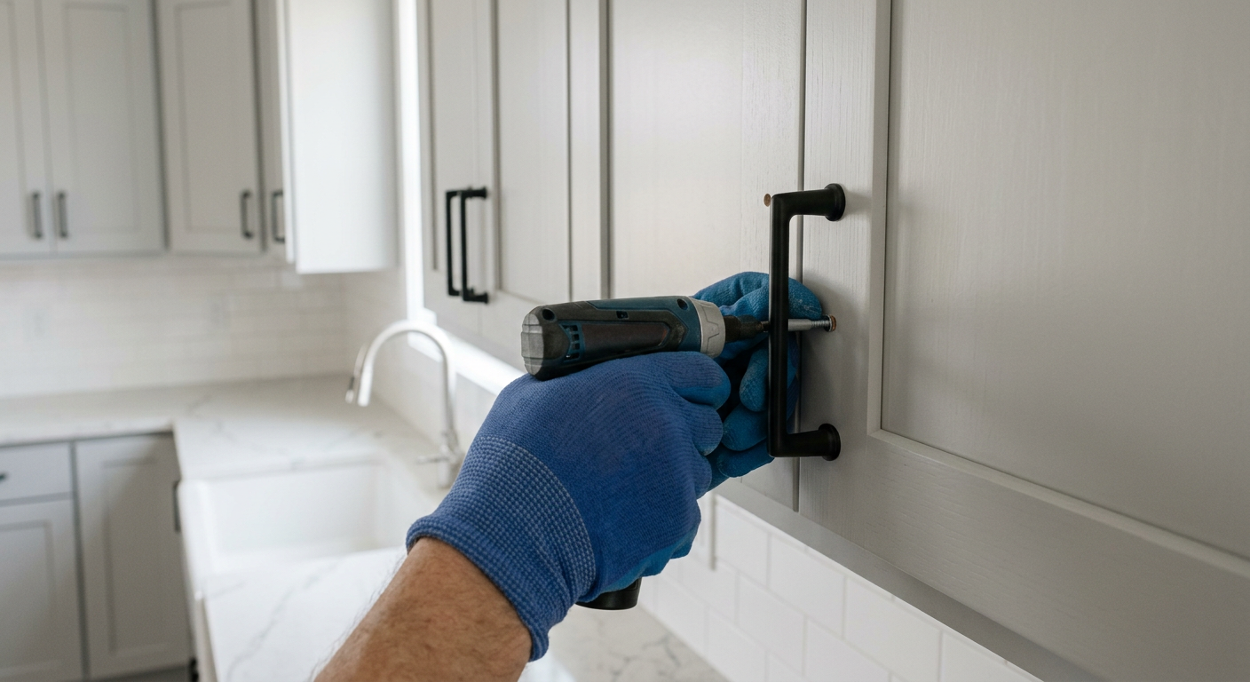 Close-up of a professional installing new hardware on a freshly painted kitchen cabinet during a refresh in Medina, WA.