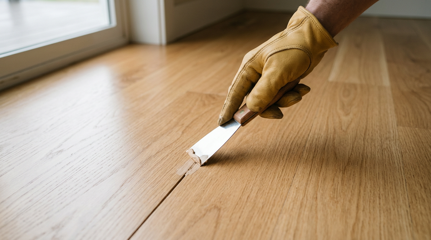 A close-up of a professional handyman applying wood filler to a hardwood floor during a flooring repair in a Medina home.