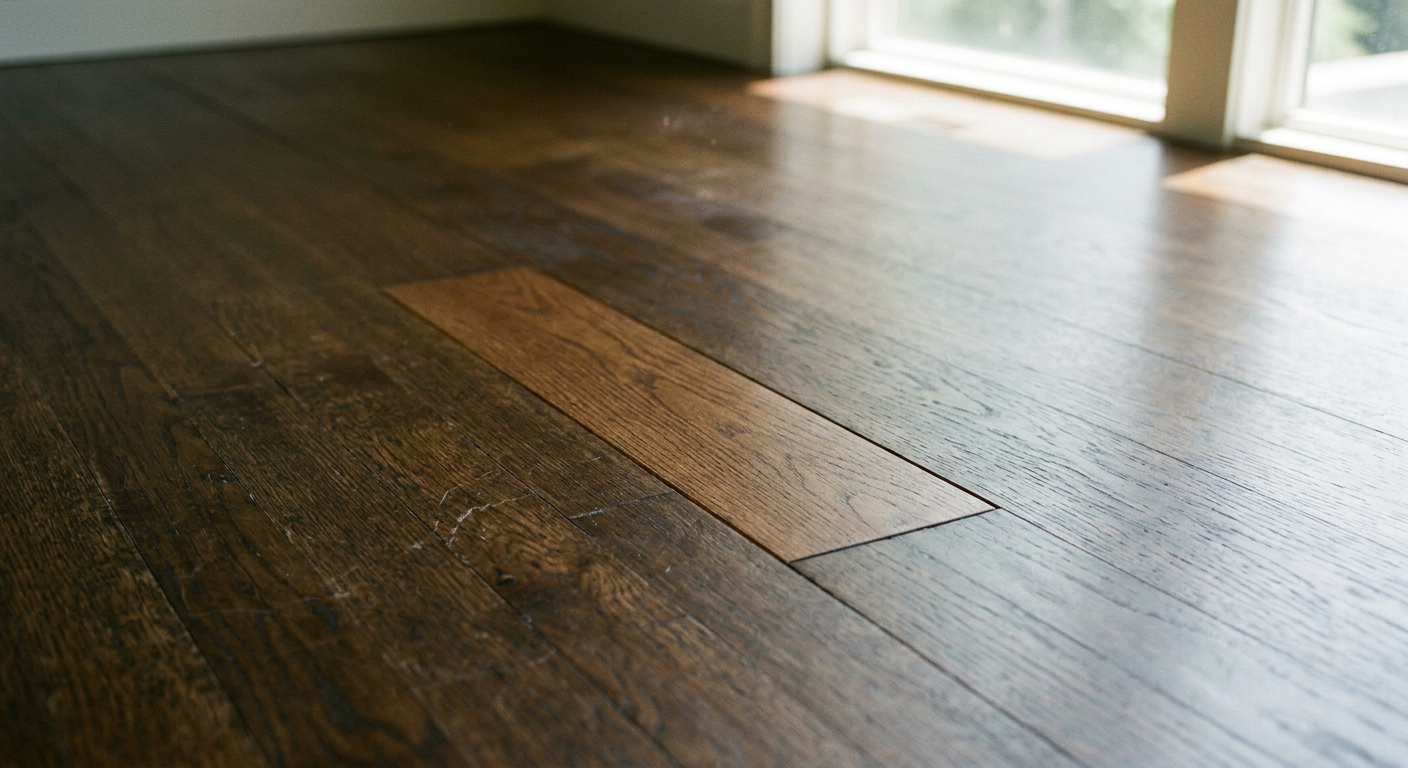 A newly repaired section of hardwood flooring in a luxury Medina home.
