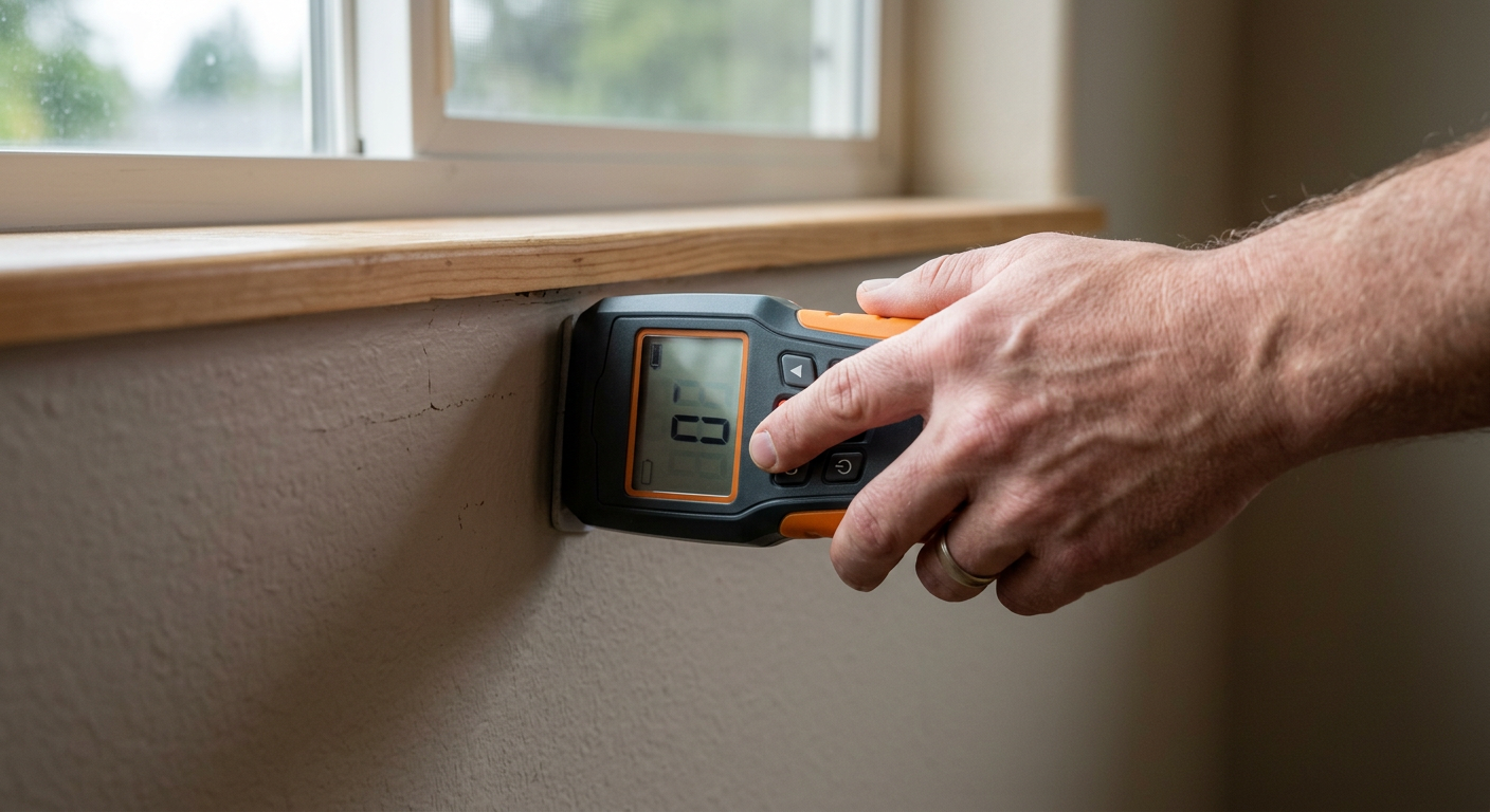 Using a moisture meter to check for water damage during a leak investigation in a Medina home.