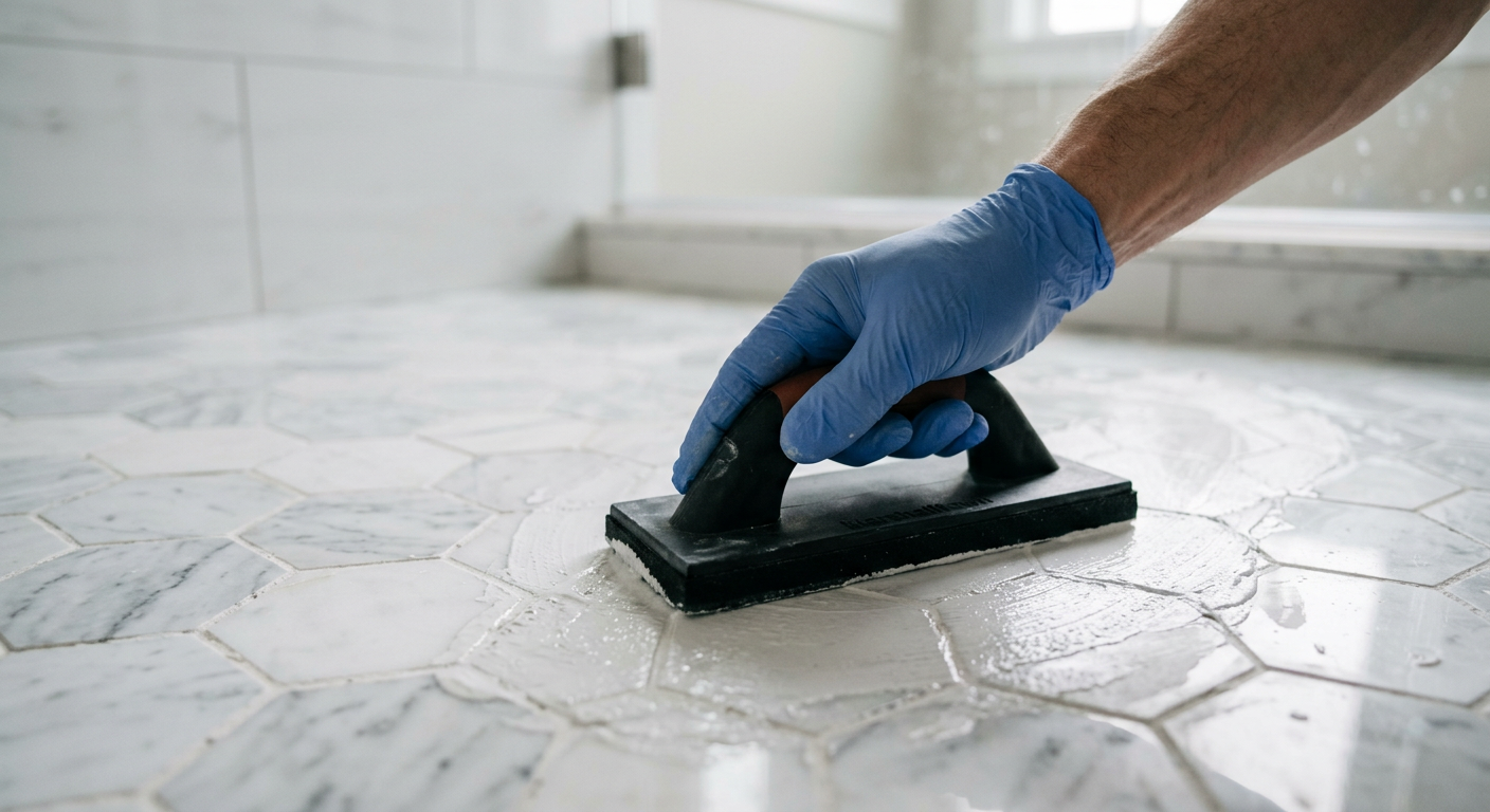 A close-up of a tile professional applying new grout during a tile repair service in a Medina, WA home.