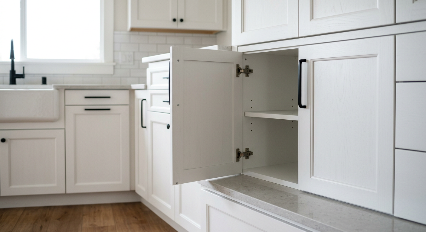 Crisp white kitchen cabinets with new matte black hardware after a professional cabinet refresh in a Medina, WA home.