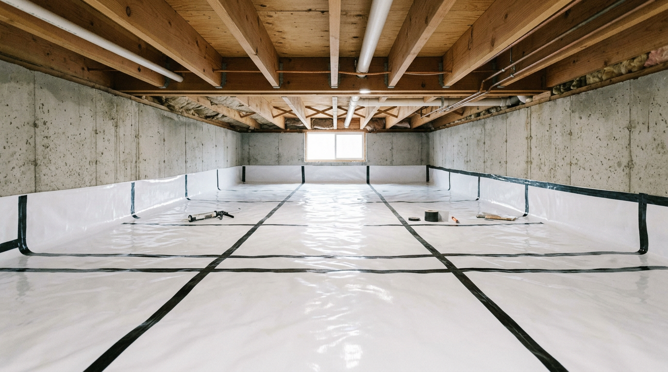 A clean and dry crawlspace in a Medina home after a professional assessment and vapor barrier installation.