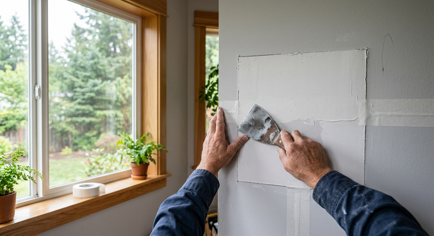A close-up of a professional drywall repair being done in a Mercer Island home.