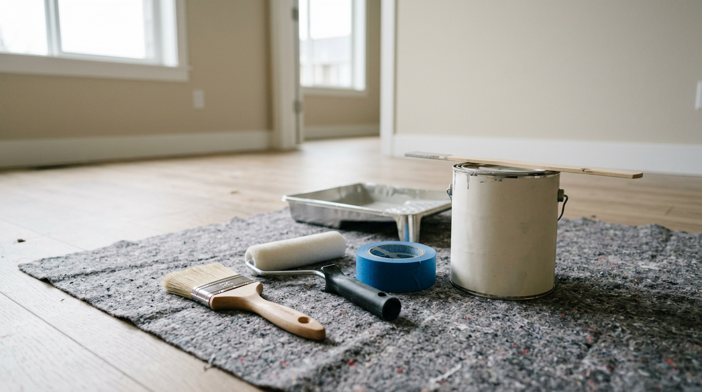 Professional painting tools laid out on a drop cloth before starting an interior painting project in Mercer Island, WA.