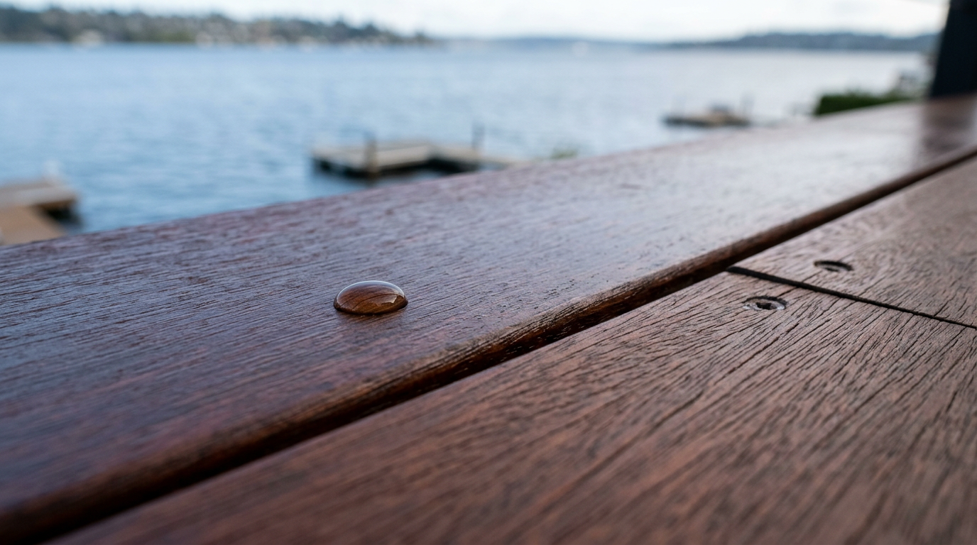A close-up of a freshly sealed Ipe deck board on a Mercer Island waterfront home, showing perfect water beading.