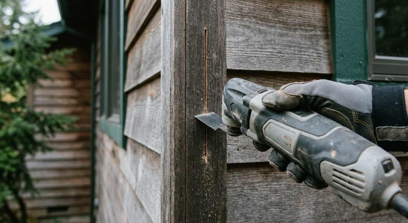 Close up of a siding repair in progress on a Mercer Island home, showing the correct tool for a clean cut.