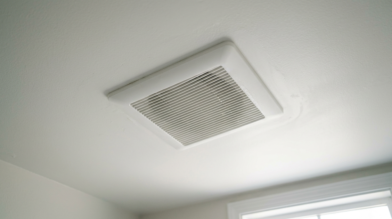 A new, clean bathroom ventilation fan installed in a Mill Creek home to prevent mold growth.