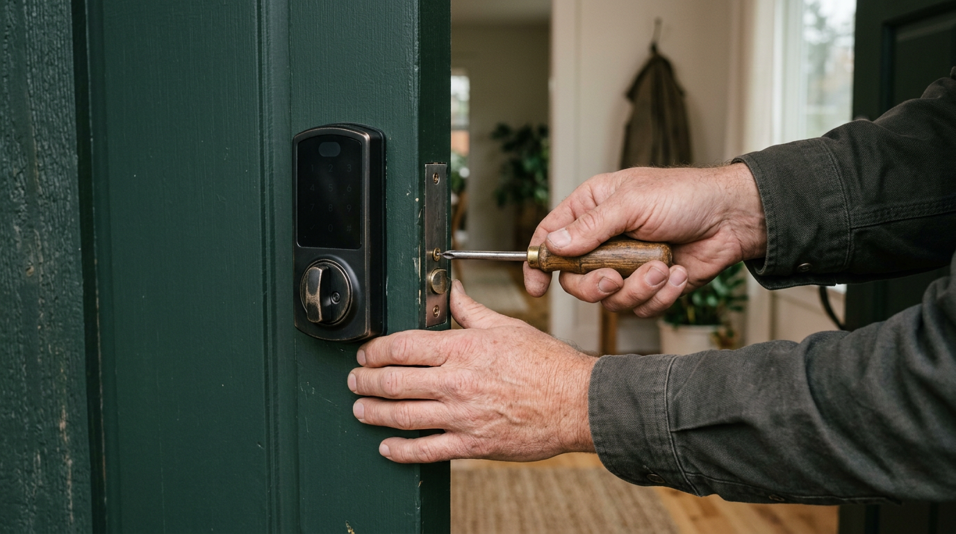Close-up of a smart lock being installed on the front door of a home in Mill Creek, WA.