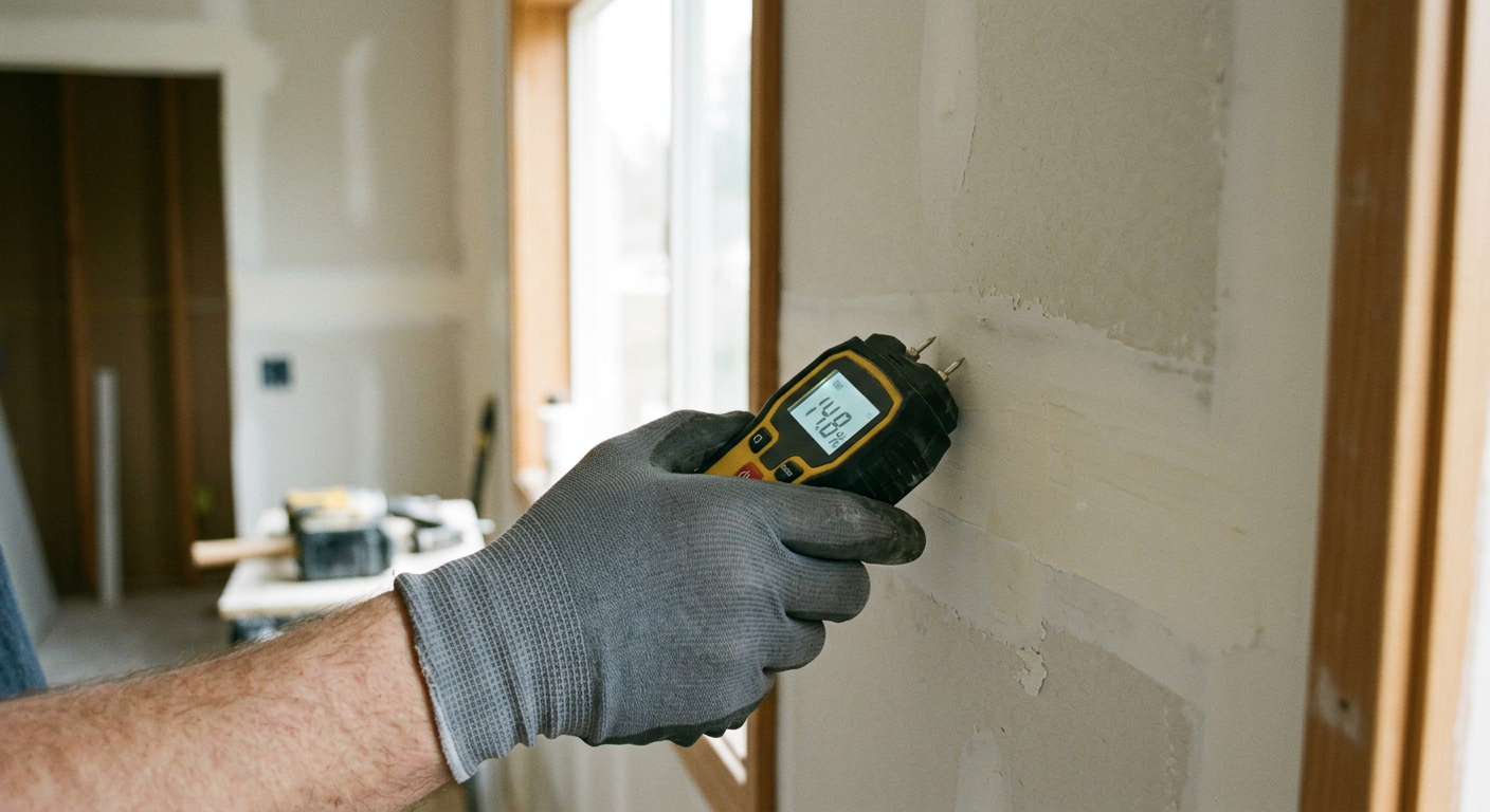 A House Spouse technician uses a moisture meter on drywall for mold prevention in an Edmonds, WA home.
