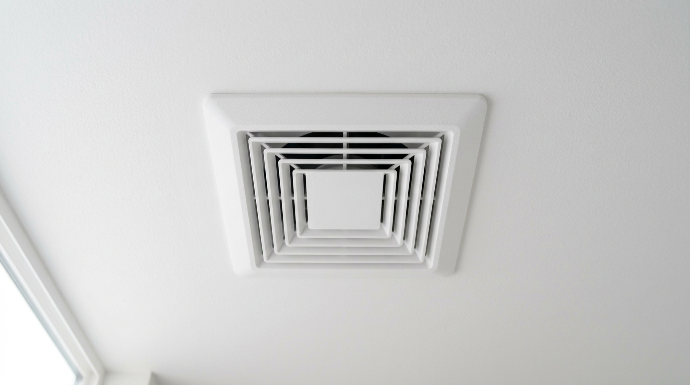 A clean, modern bathroom ventilation fan installed on a ceiling, representing effective mold prevention in an Everett home.