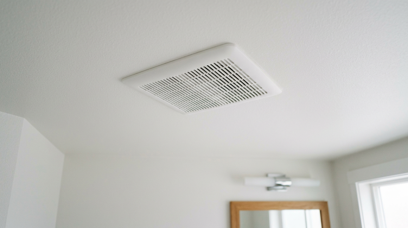A clean, modern bathroom ventilation fan installed in a Magnolia home ceiling to prevent mold.