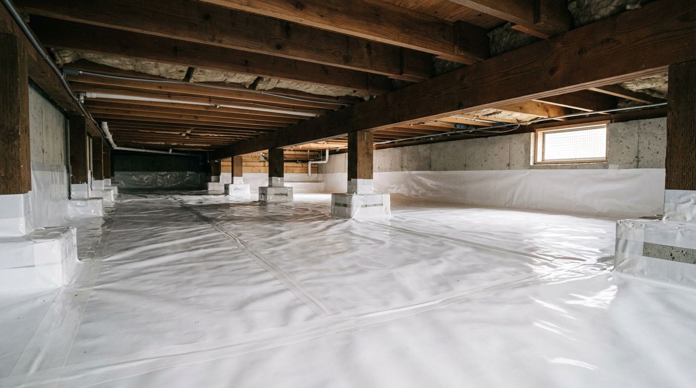 A clean crawlspace with a new vapor barrier, a key part of mold prevention for a Snohomish home.