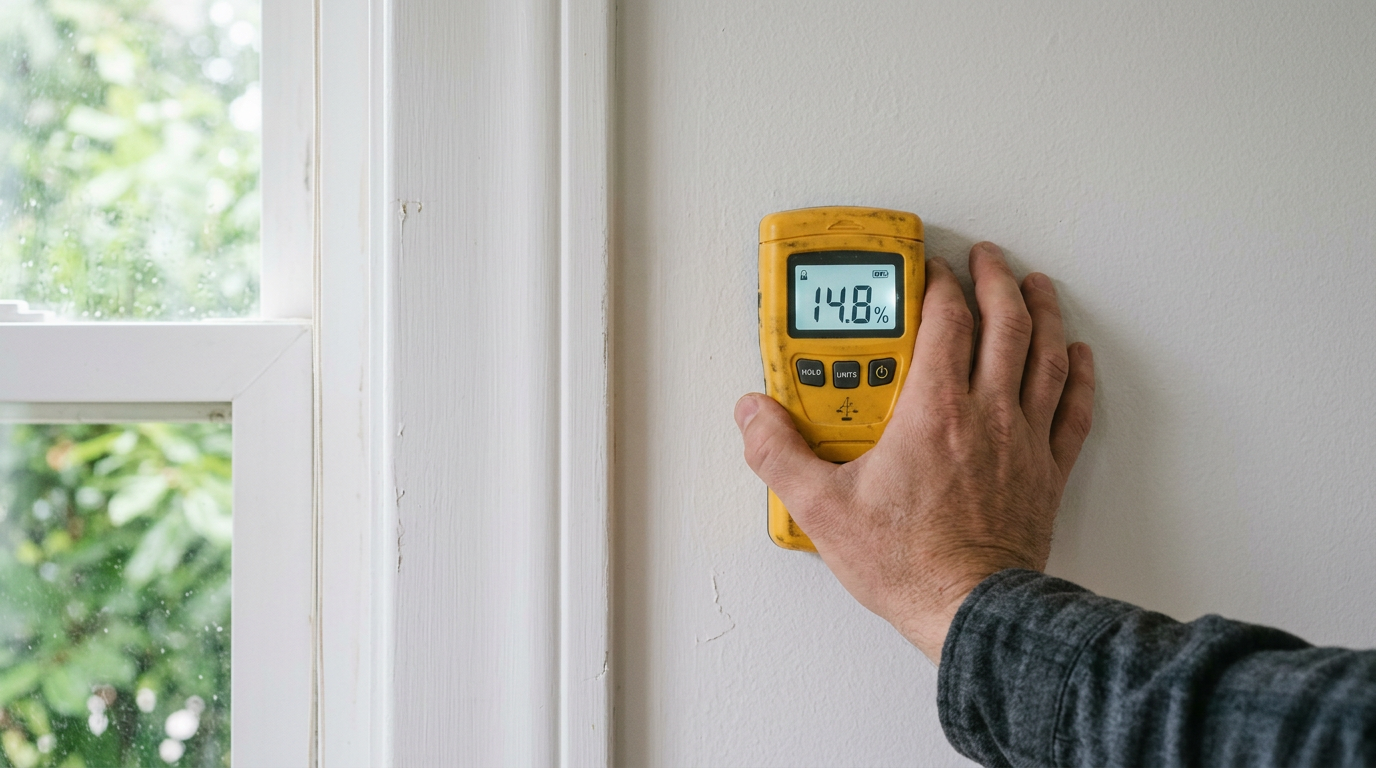 Using a moisture meter to check for hidden water damage as part of mold prevention in a Hunts Point, WA home.