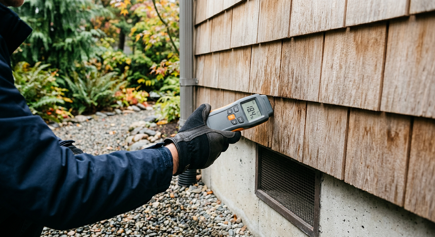 Moisture assessment being performed along the exterior foundation of a home in Hunts Point WA