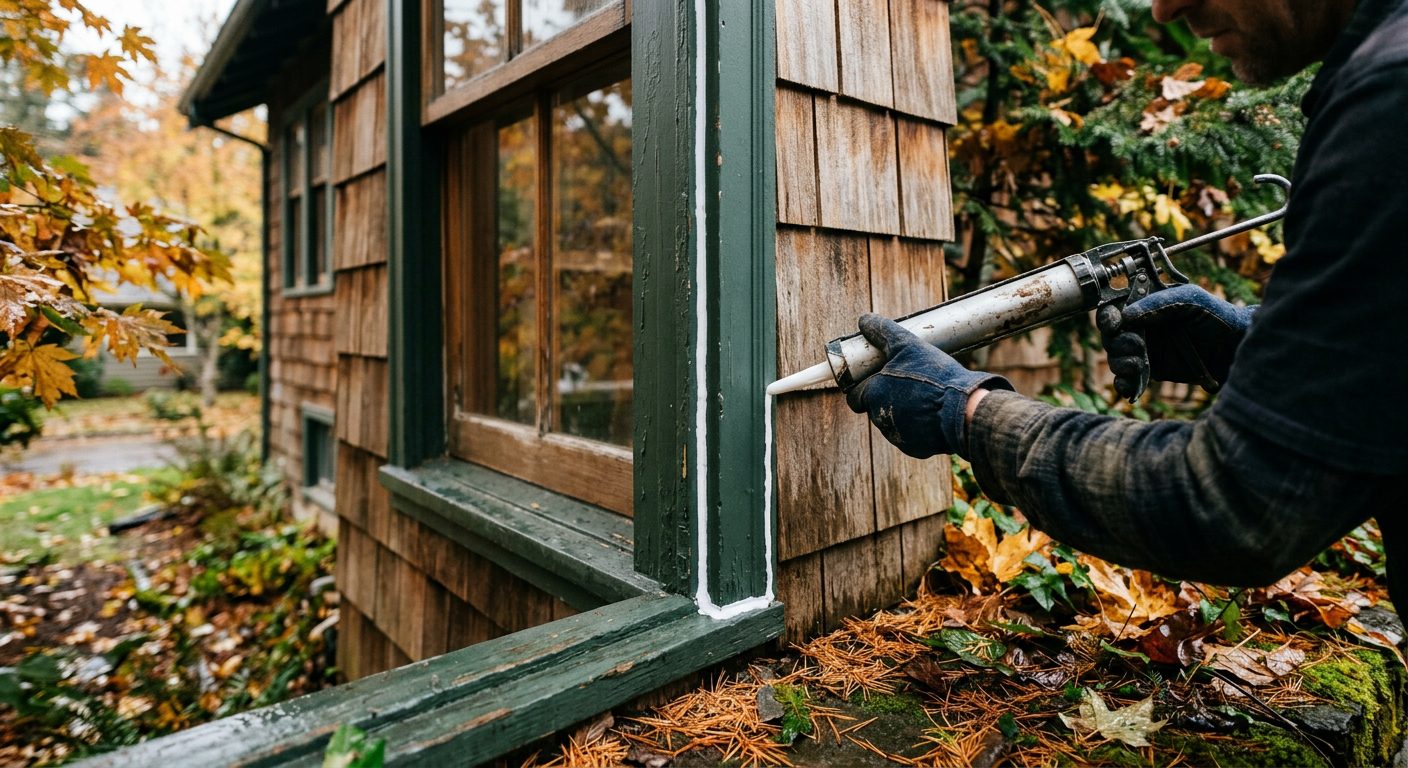Contractor applying waterproof sealant to exterior window trim for fall mold prevention Magnolia WA