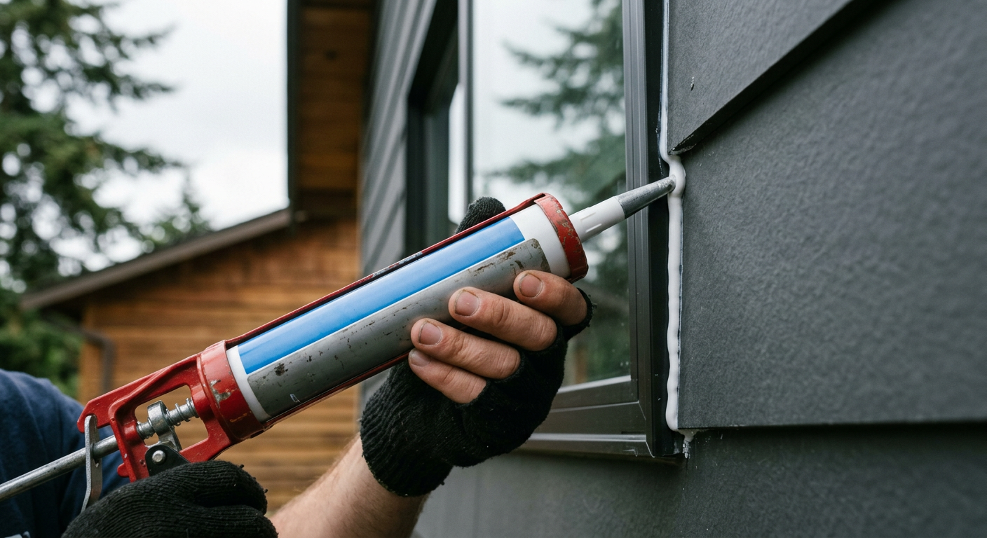 A handyman applying fresh exterior caulk to a window frame for mold prevention on a home in Magnolia, WA.