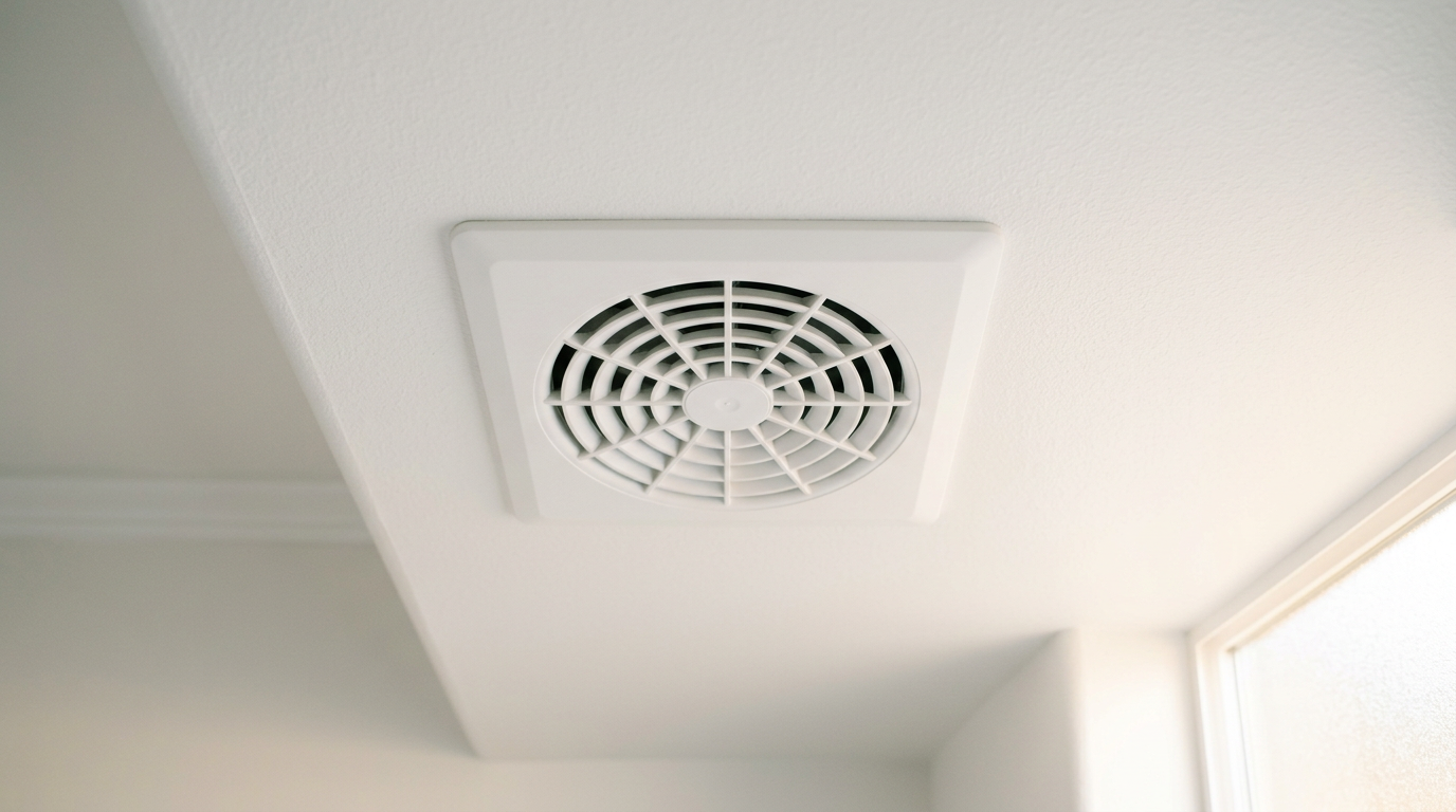 A clean, modern bathroom ventilation fan installed in the ceiling of a Magnolia, WA home to help with mold prevention.