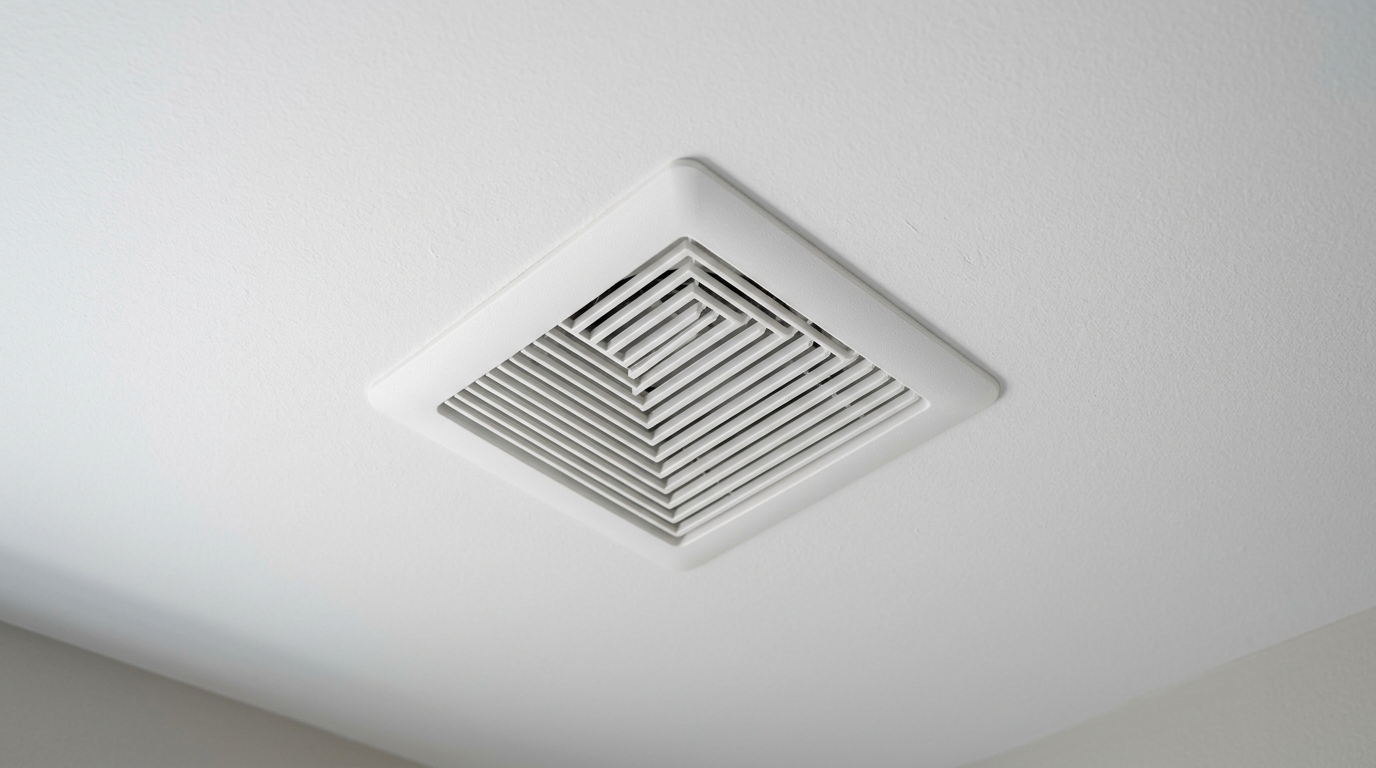 A close-up of a new bathroom ventilation fan, critical for mold prevention in a Mill Creek, WA home.