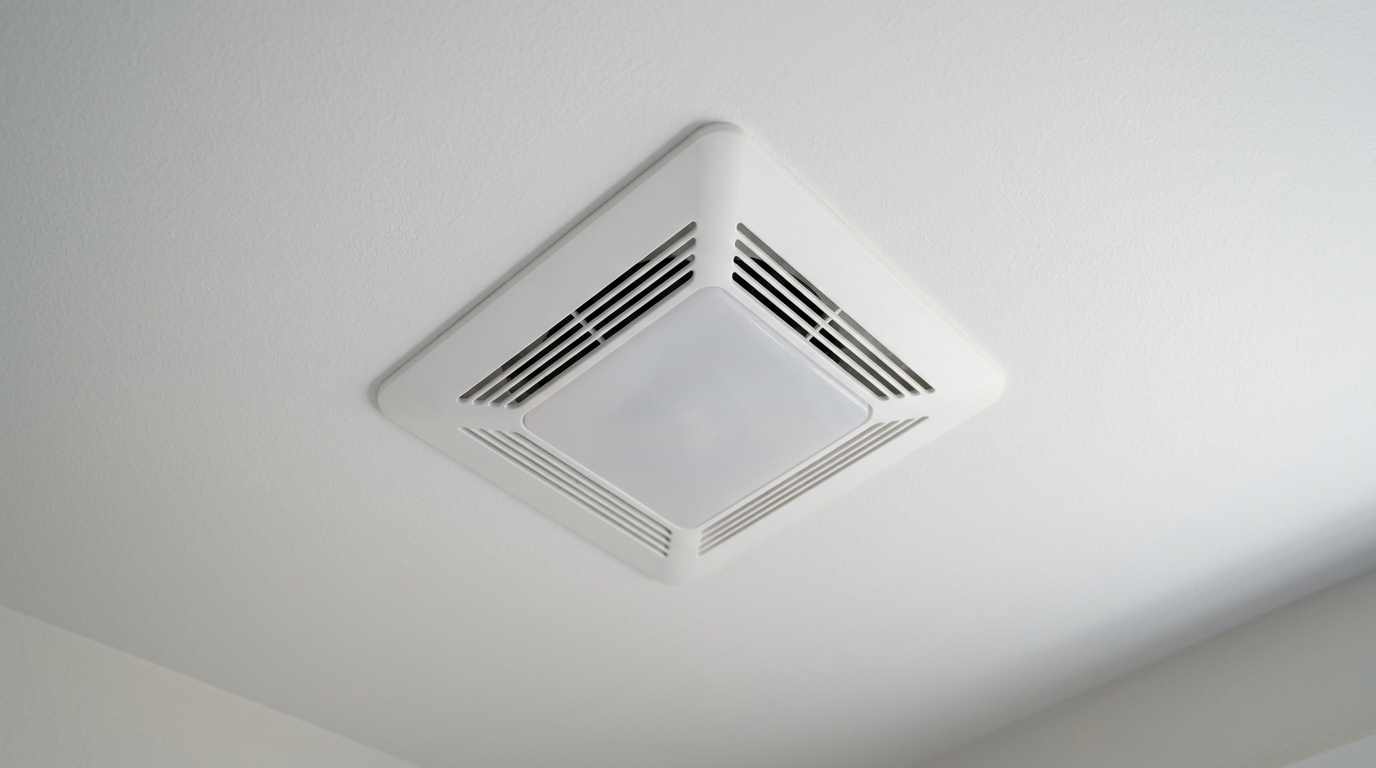 A modern, quiet bathroom ventilation fan installed in a Mill Creek home ceiling to assist with mold prevention.