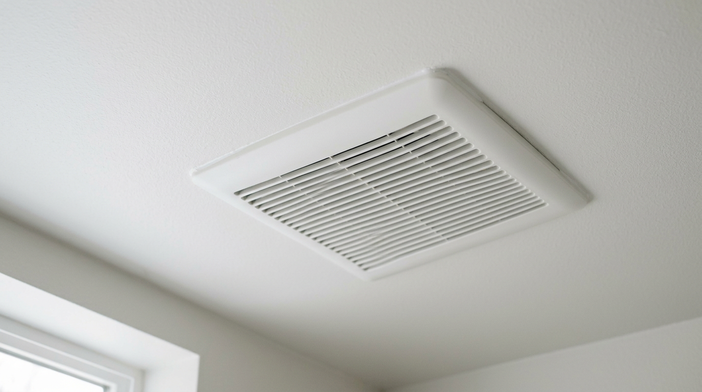 A close-up of a clean, new bathroom ventilation fan grille providing mold prevention in a Newcastle, WA home.