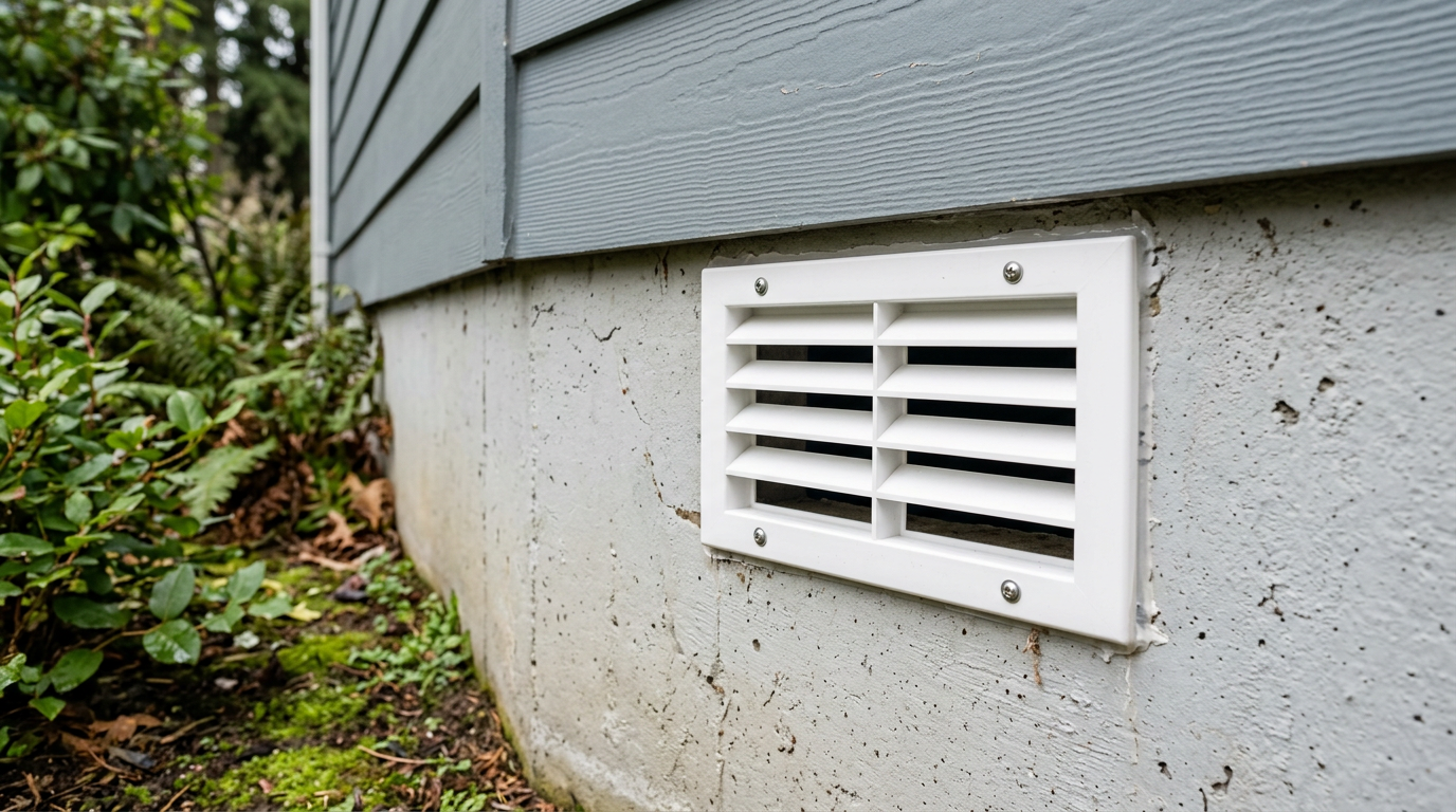 Clean crawlspace vent on a home in Snohomish, a key part of mold prevention.