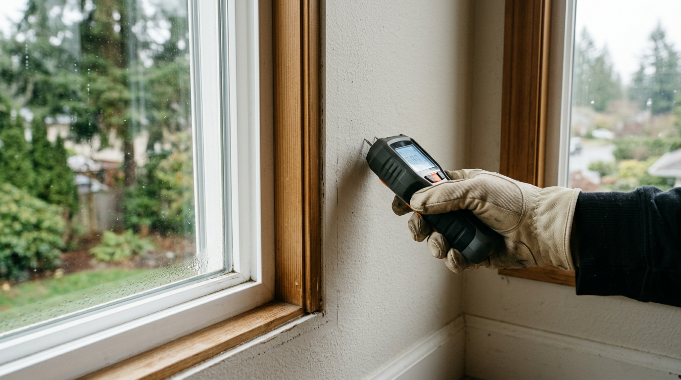 Using a moisture meter to check for hidden water damage as part of a mold prevention assessment in a Snohomish home.