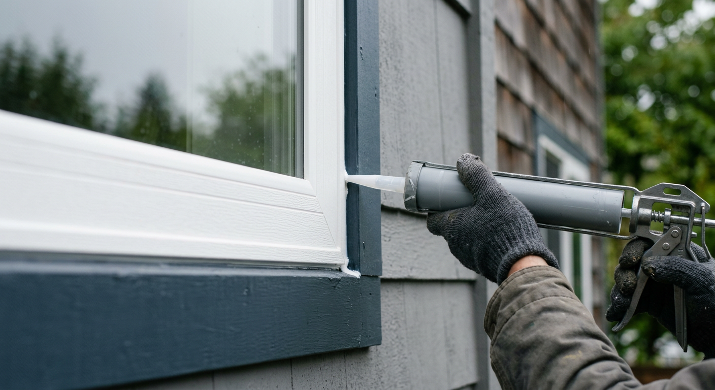 A handyman applying fresh caulk to a window frame on a home in Monroe, WA as part of pre-sale home prep.