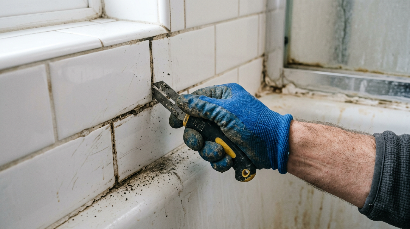 Close-up of a tile and grout repair specialist removing old grout from a shower in a Monroe, WA home.