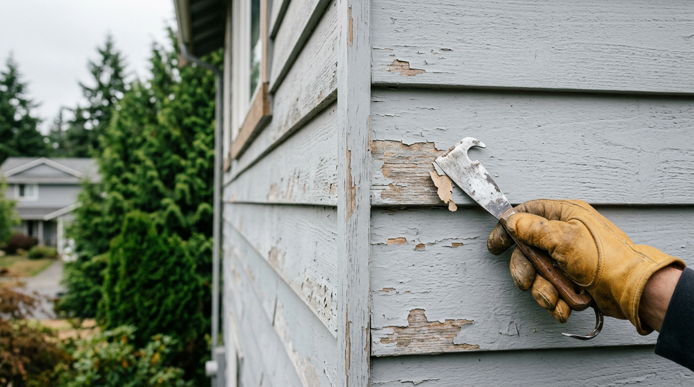 Faded and peeling exterior paint on a house in Mukilteo, WA, indicating the need for professional assessment.
