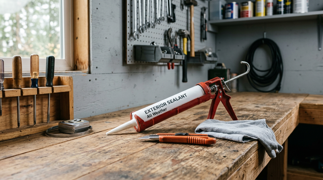 Tools for a home maintenance program checklist laid out on a workbench in a Mukilteo garage.