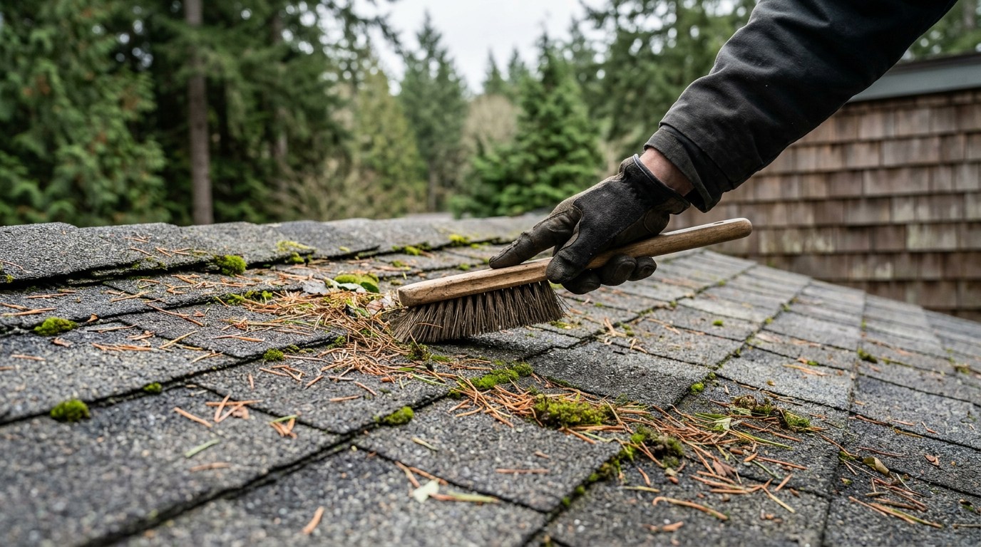 Gloved hand performing a visual roof assessment on a composition shingle roof of a home in Mukilteo, checking for moss and debris.