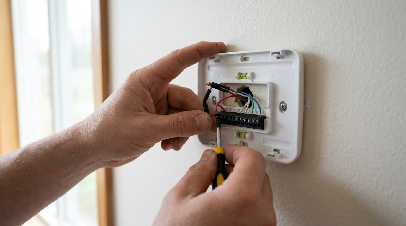 Close-up of a smart thermostat being professionally installed on a wall in a Newcastle, WA home.