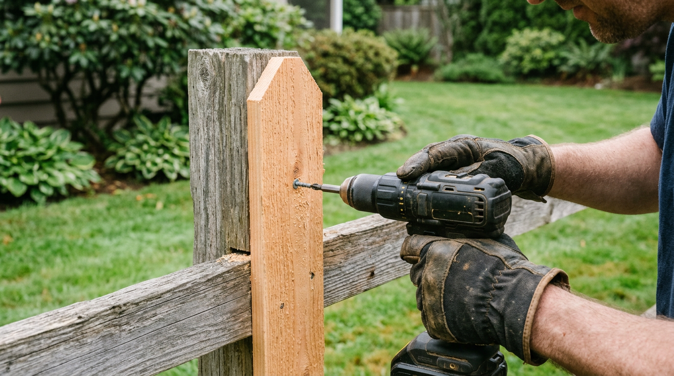 A House Spouse technician performing a fence repair on a cedar fence in Newcastle, WA.