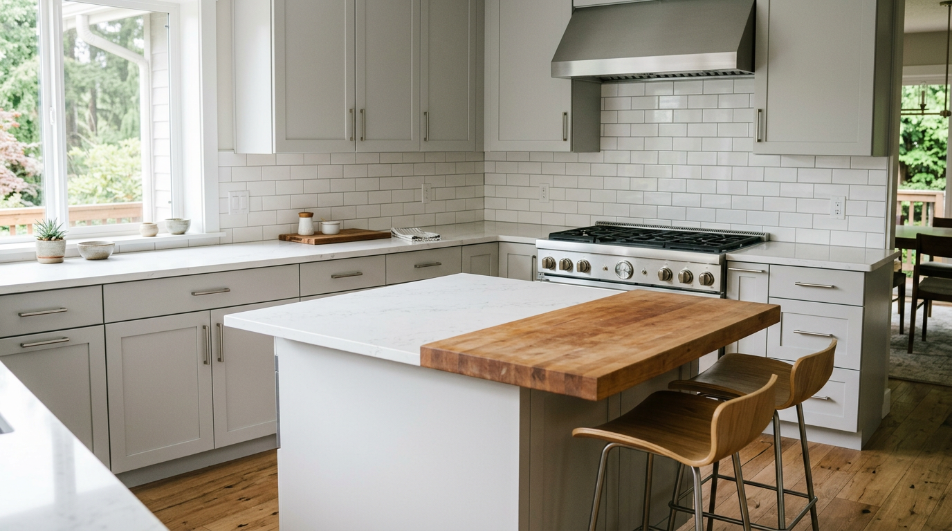 A bright, modern kitchen in a Newcastle home after a full remodel, featuring gray shaker cabinets and quartz countertops.