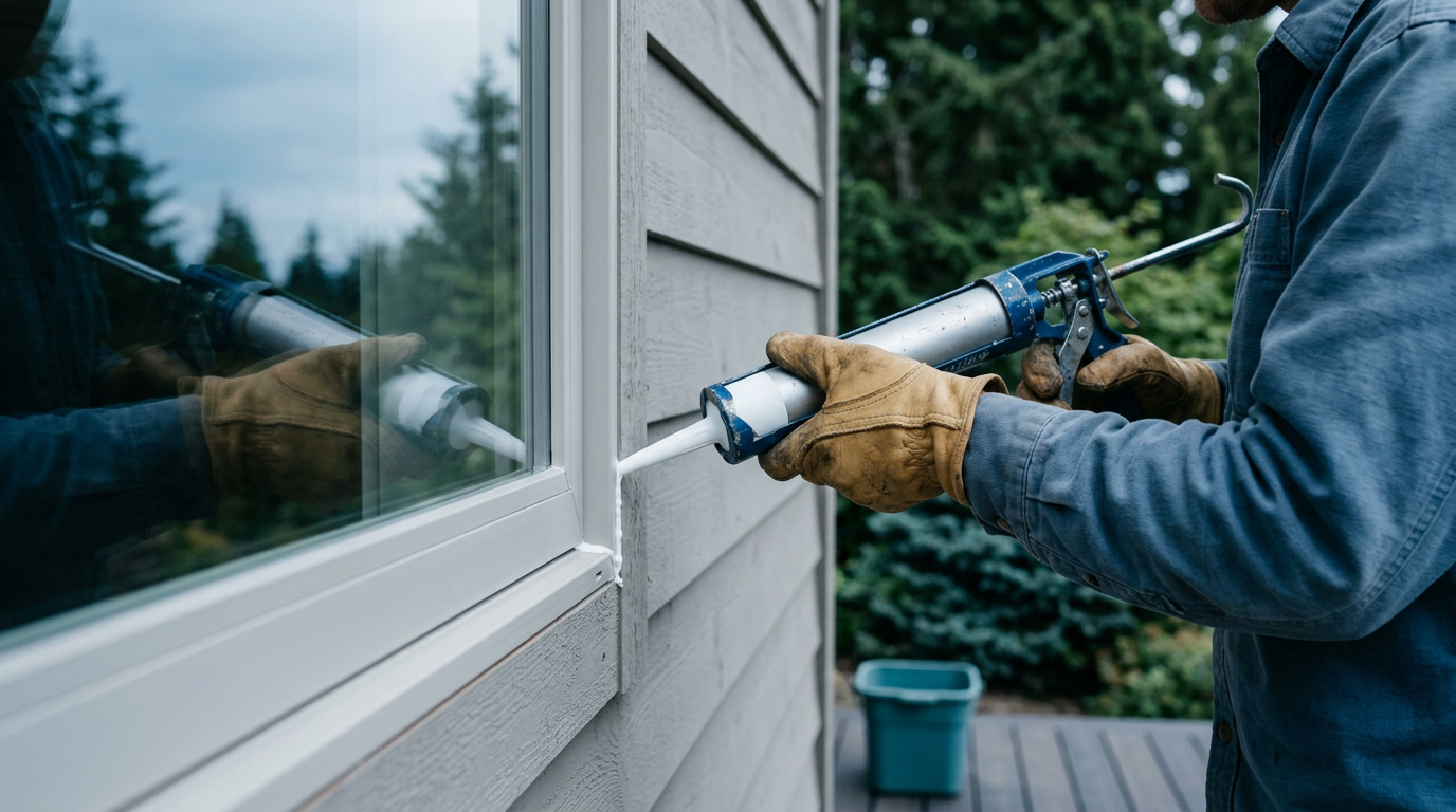 Applying fresh exterior caulk to a window as part of a summer mold prevention checklist for a home in Newcastle, WA.