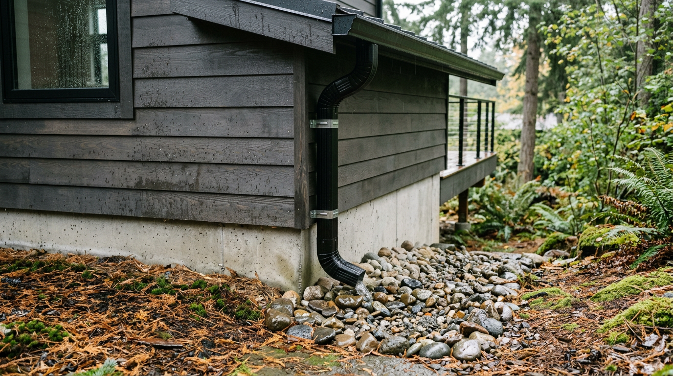 A clean, modern downspout on a home in Newcastle, WA, effectively directing rainwater away from the foundation as part of a mold prevention strategy.