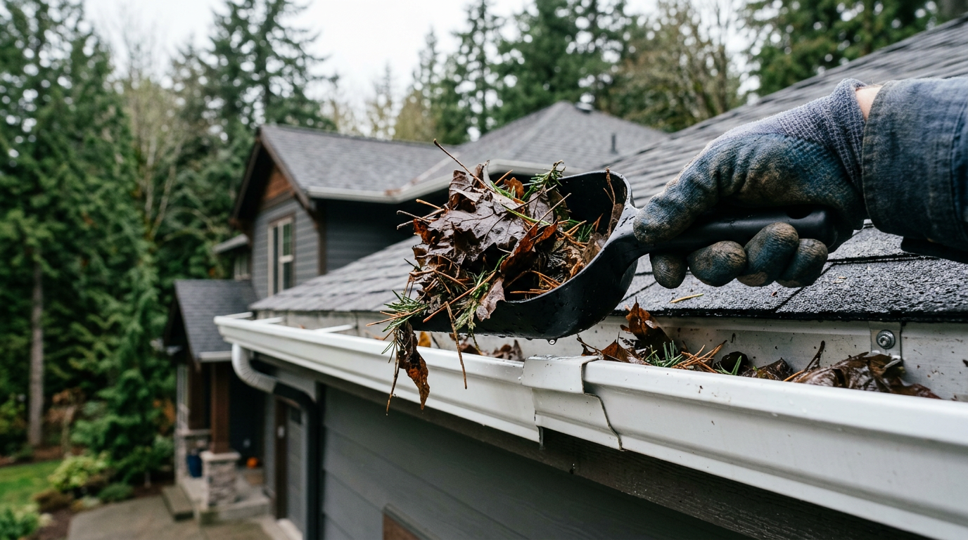Gloved hand cleaning wet leaves from a gutter as part of mold prevention for a Newcastle home.